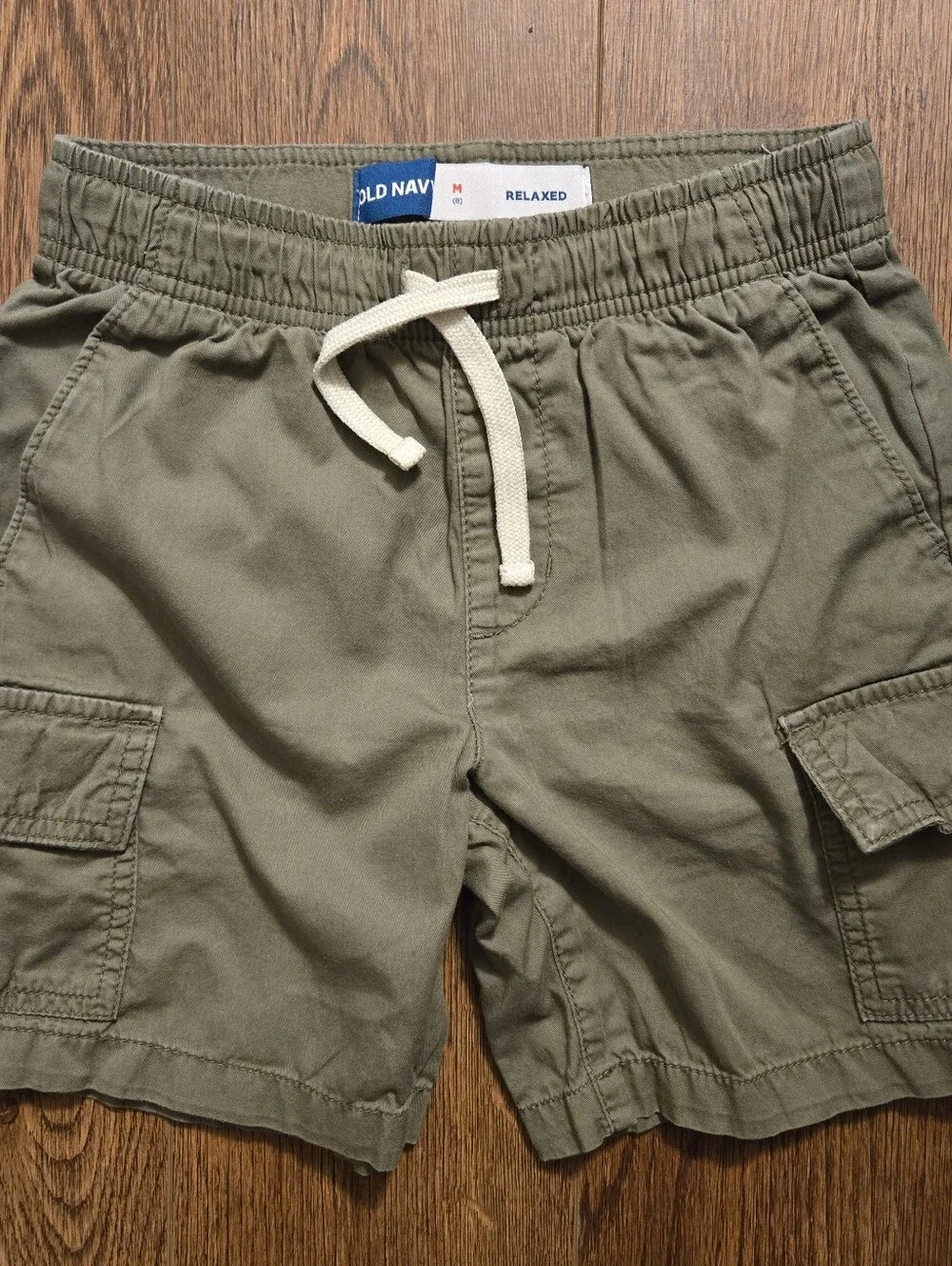 Old Navy Olive Green Kids Cargo Shorts with Cream Drawstring - Size 8